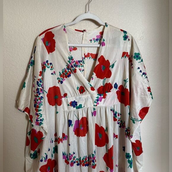 Vintage 70s Floral Kaftan MuuMuu‎ Empire Waist Sz Medium Red White - Picture 1 of 6